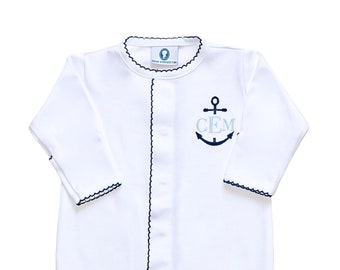 Pima Cotton Front Snap Footie-White w Navy trim-Split Anchor Monogram Footie-Baby Boy Coming Home Outfit-Pima Baby-Personalized Footie