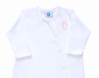 Pima Cotton Side Snap Footie- White with Pink Trim-Coming Home Outfit-Pima Cotton Baby-Newborn Girl Coming Home Outfit-Monogrammed Baby Girl