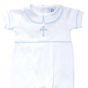 Kiran Baptism Outfit-White w Blue Trim-Short-Sleeve,Long Pant, No feet Dedication Outfit-Christening outfit-Pima Cotton Baby-Easter Outfit image 2