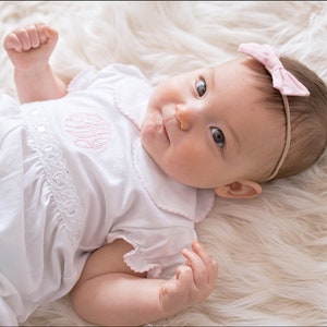 Skylar Pima Bubble-White With Pink Trim-Monogrammed Baby Girl-Monogrammed Bubble-Pima Cotton Baby-Take Home Outfit-0Baby Girl clothes