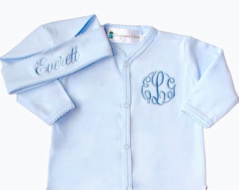 Baby Blue Pima Cotton Noah Front Snap Footie-Newborn Coming Home Outfit-Footed Romper-Pima Cotton Baby-Personalized Romper