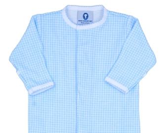 Pima Cotton Front Snap Footie-Blue Gingham-Newborn Boy Coming Home Outfit-Footed Romper-Pima Cotton Baby-Personalized Romper
