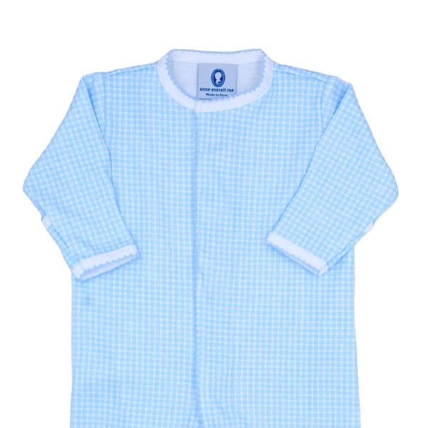 Pima Cotton Front Snap Footie-Blue Gingham-Newborn Boy Coming Home Outfit-Footed Romper-Pima Cotton Baby-Personalized Romper