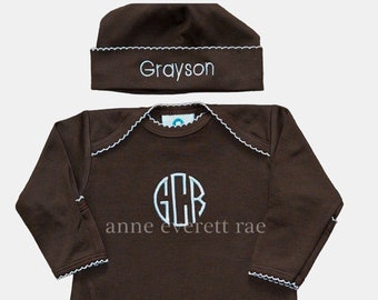 Pima Cotton Enveloped Neck Footie-Brown with Blue Trim-Coming Home Outfit-Pima Cotton Baby-New Baby-Newborn Pictures-Personalize Outfit