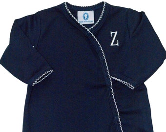 Pima Cotton Side Snap Footie- Navy with White Trim-Baby Boy Coming Home Outfit-Pima Cotton Baby-Personalized Footie-Footed Romper