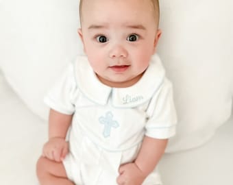 Aaron Baptism White w Blue trim Outfit-Baby Boy Christening Outfit-Dedication Outfit-Short Baptism Outfit-Baptism-Baby-Blessing Outfit