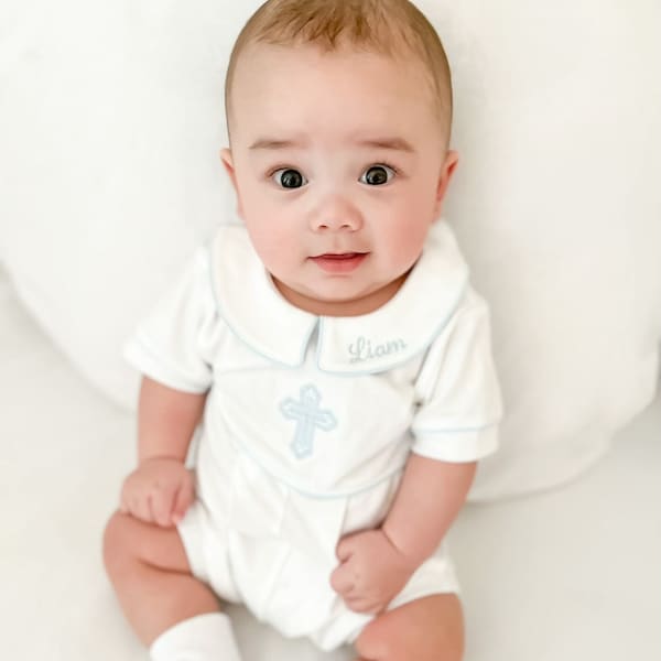 Aaron Baptism White w Blue trim Outfit-Baby Boy Christening Outfit-Dedication Outfit-Short Baptism Outfit-Baptism-Baby-Blessing Outfit