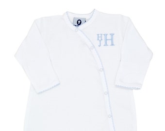 Pima Cotton Side Snap Footie- White w Blue trim-Pima Cotton Baby- Coming Home Outfit-New Baby-Newborn Pictures-Baby Shower Gift