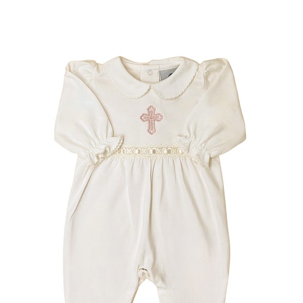 Ashley Pima Cotton Cream w Cream Baptism Outfit- Baby Girl Blessing Footie-Baby Dedication-Christening-Pima Cotton Baby- Designer Baby