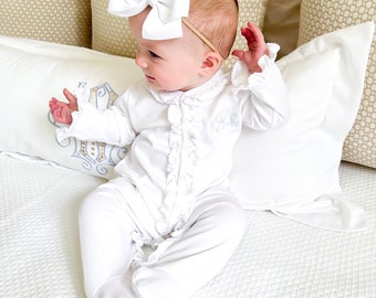 June All White Front Ruffled Footie Outfit-Personalized Pima Cotton-Baby Girl Coming Home Outfit-Ruffled Bum-Baby Girl Take Home Outfit