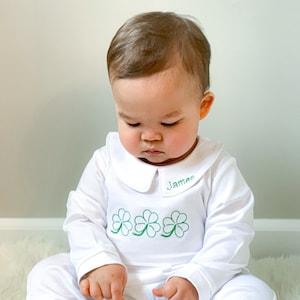 St. Patty's Shamrock Outline Coming Home Outfit-Newborn Coming Home Outfit-Pima Cotton Baby-Personalized Footed Romper-Take Home Outfit image 1