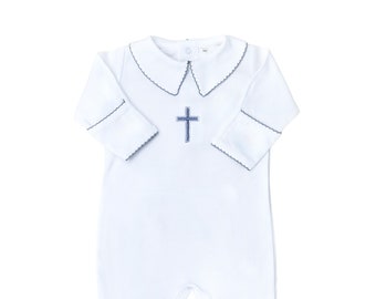 Hunter White with Gray trim Non Footed Pima Cotton outfit-Baptism Boy Outfit- Boy Christening Outfit-Dedication Outfit-Pima Cotton Baby