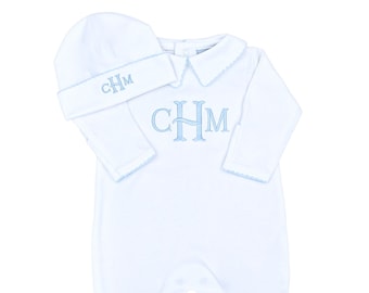 Hunter Pima Cotton Footie-White with Blue Trim-Baby Boy Coming Home Outfit, Newborn Baby Boy Clothes,Pima Cotton Baby-Baby Boy Shower Gift,