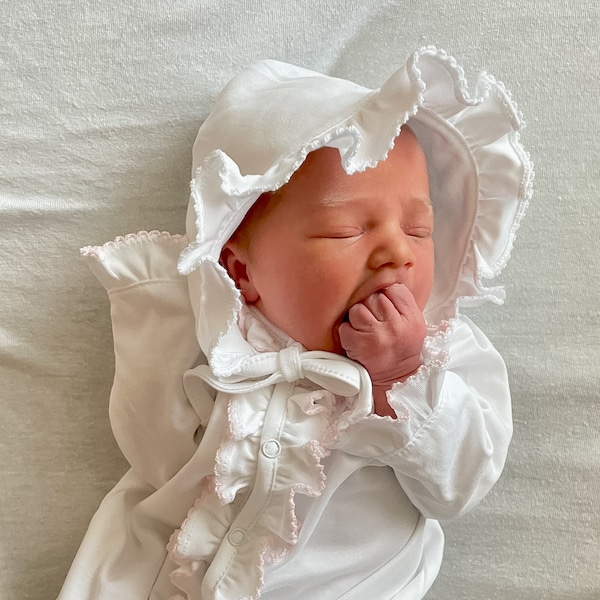 Pima Cotton Baby Bonnets-White with White Trim Bonnet-White w Pink trim Baby Bonnet-Pima Cotton Baby-Traditional Baby Bonnets-Classic Baby