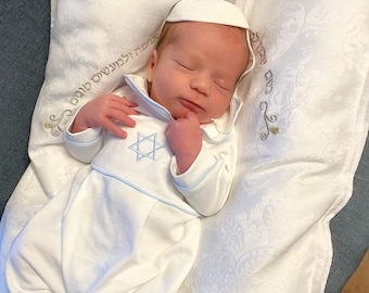 Star of David Outfit-Luke White w Blue Trim-Boy Brit Outfit-Pima Cotton Baby-Jewish Ceremony-Jewish Baby Naming