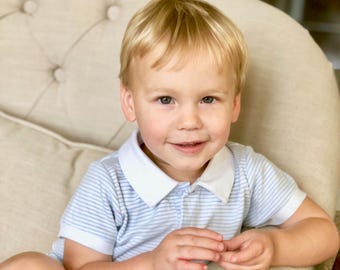 Blue Striped Spring Outfit,Coming Home outfit,Pima Cotton Baby, Toddler Boys Clothing, Summer Shortie Outfit-Matching Brother-Beach Boy