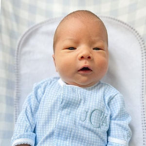 Baby Boy Coming Home Outfit-Pima Cotton Front Snap Footie-Blue Gingham-Monogrammed Footed Romper-Pima Cotton Baby-Hospital Outfit-Baby Gift