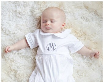 Aaron Pima Cotton Outfit-White With White Trim-Baby Boy Coming Home Outfit- Spring Outfit-Pima Cotton Baby-Monogrammed White Romper