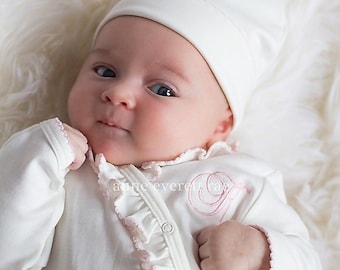 Ruffled Side Snap Pima Cotton Footie- Cream w Pink trim Baby Girl Coming Home Outfit,  Pima Cotton Baby-Personalized Footie-Take Home Outfit