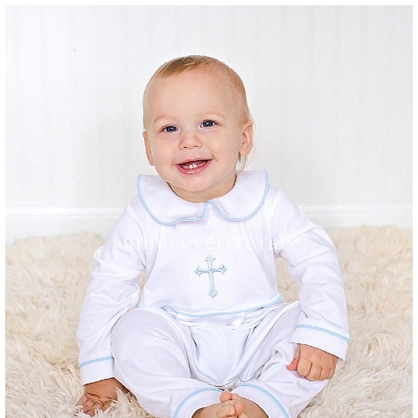 Conjunto de bautismo de Lucas - Blanco con ribete azul - Conjunto de bautismo para bebé niño - Bautismo de bebé niño - Algodón Pima para bebé - Conjunto de bendición para bebé niño - Bautismo de niño