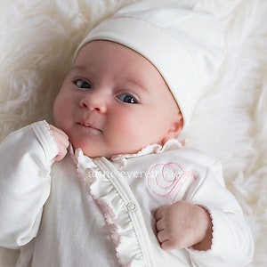 Ruffled Side Snap Pima Cotton Footie- Cream w Pink trim Baby Girl Coming Home Outfit,  Pima Cotton Baby-Personalized Footie-Take Home Outfit