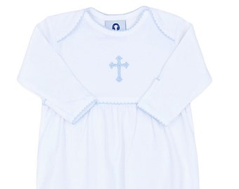 Pima Cotton Yoked Gown-White with Blue Trim-Baptism Gown-Christening Gown-Pima Cotton Baby-Baby Dedication Gown-Take Home Outfit