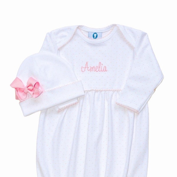 Pima Cotton Yoked Gown-Pink Dot-Baby Girl Coming Home Outfit-Pima Cotton Baby-Monogrammed Baby Gowns-Baby Girl Take home