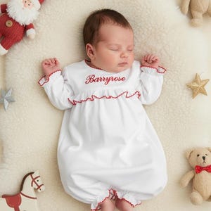 Ruffled White With Red trim Yoke Gown-Pima Cotton-Coming Home Gown-Christmas Baby-Coming Home Outfit