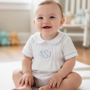 Boys Pleated Pima Cotton Bubble-White w Blue Piping-Baby Boy Outfit-Toddler Boy Outfit-Soft baby clothes-Boys Summer Bubble-Southern Baby