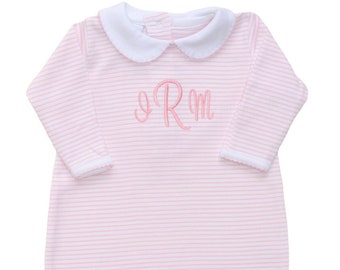 Amelia Pima Cotton Footie-Striped Pink with White collar-Baby Girl Coming Home Outfit, Newborn Baby Girl Clothes,Pima Cotton Baby