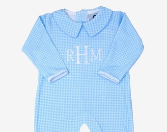 Hunter Blue Gingham Pima Cotton Romper-Baby Boy Coming Home Outfit, Newborn Baby Boy Clothes,Pima Cotton Baby-Baby Boy Shower Gift