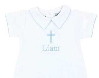 Andrew White with Blue trim Baptism Outfit-Baby Blessing-Dedication- Christening outfit- Toddler baptism