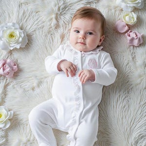 Baby Girl Coming Home Outfit-Ruffled Side Snapped Romper-White with Pink Trim-Pima Cotton Footie-Baby Girl Shower Gift-Newborn Pictures