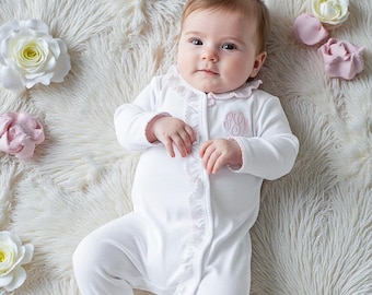 Baby Girl Coming Home Outfit-Ruffled Side Snapped Romper-White with Pink Trim-Pima Cotton Footie-Baby Girl Shower Gift-Newborn Pictures