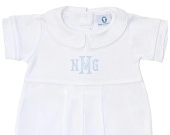 Aaron All White Pima Cotton Outfit-White W White Trim-Baby Boy Coming Home Outfit- Spring Outfit-Pima Cotton Baby-Monogrammed Romper