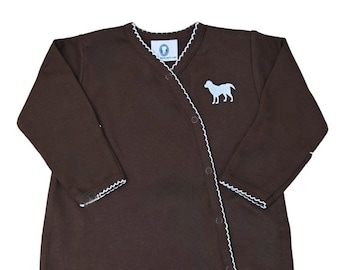 Pima Cotton Puppy Side Snap Footie-Brown w Blue trim-Baby Boy Coming Home Outfit-Pima Cotton Baby-Personalized Romper-Newborn Boy