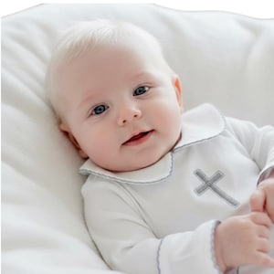 Hunter White with Gray trim Non Footed Pima Cotton outfit-Baptism Boy Outfit- Boy Christening Outfit-Dedication Outfit-Pima Cotton Baby