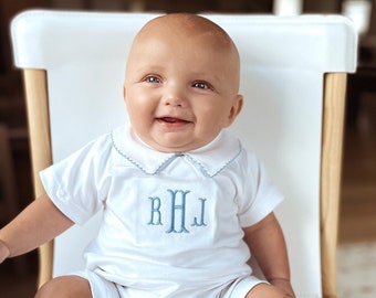 Andrew Pima Cotton Shortie-Monogramme Maison White w blue trim-Pima Cotton baby-Personalized baby-Special occasion-Brother Outfits