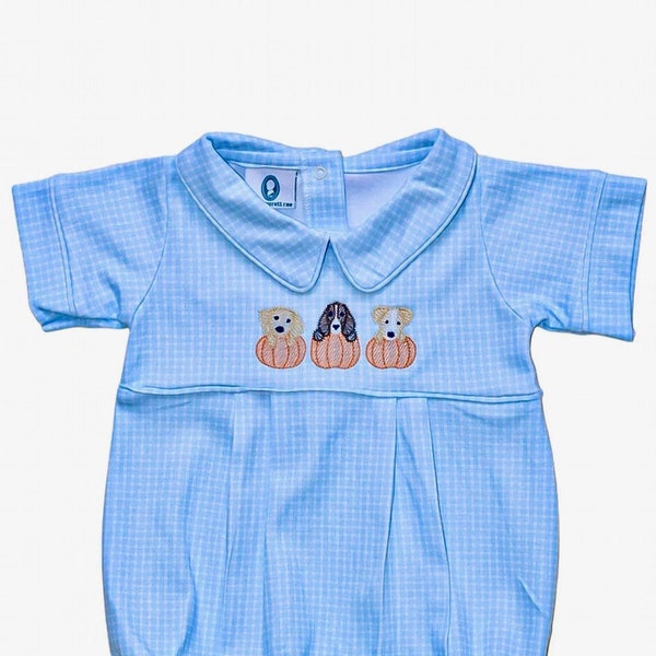 Pumpkins and Puppies Baby Boys Bubble- Blue Gingham Pima Cotton-Pima Cotton Baby-Toddler Bubble-Thanksgiving Outfit- Fall Boy Bubble