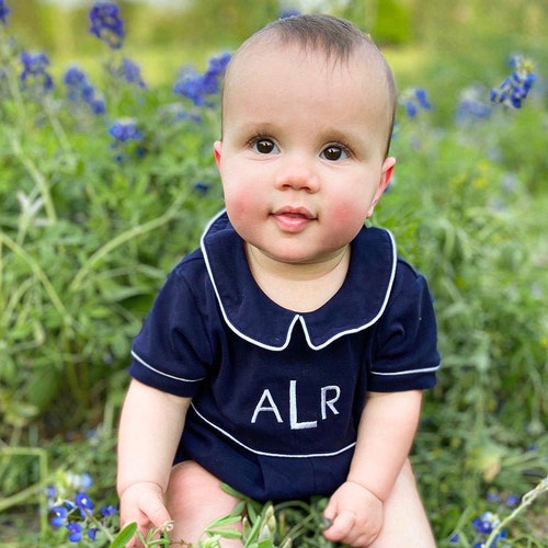 Petit Bebe Baby Boys Blue Gingham Bubble - White Collar