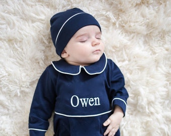 Luke Pima Cotton Outfit-Navy With White Trim-Baby Boy Coming Home Outfit-Pima Cotton Baby-Baby Take Home Outfit-Baby Boy clothes