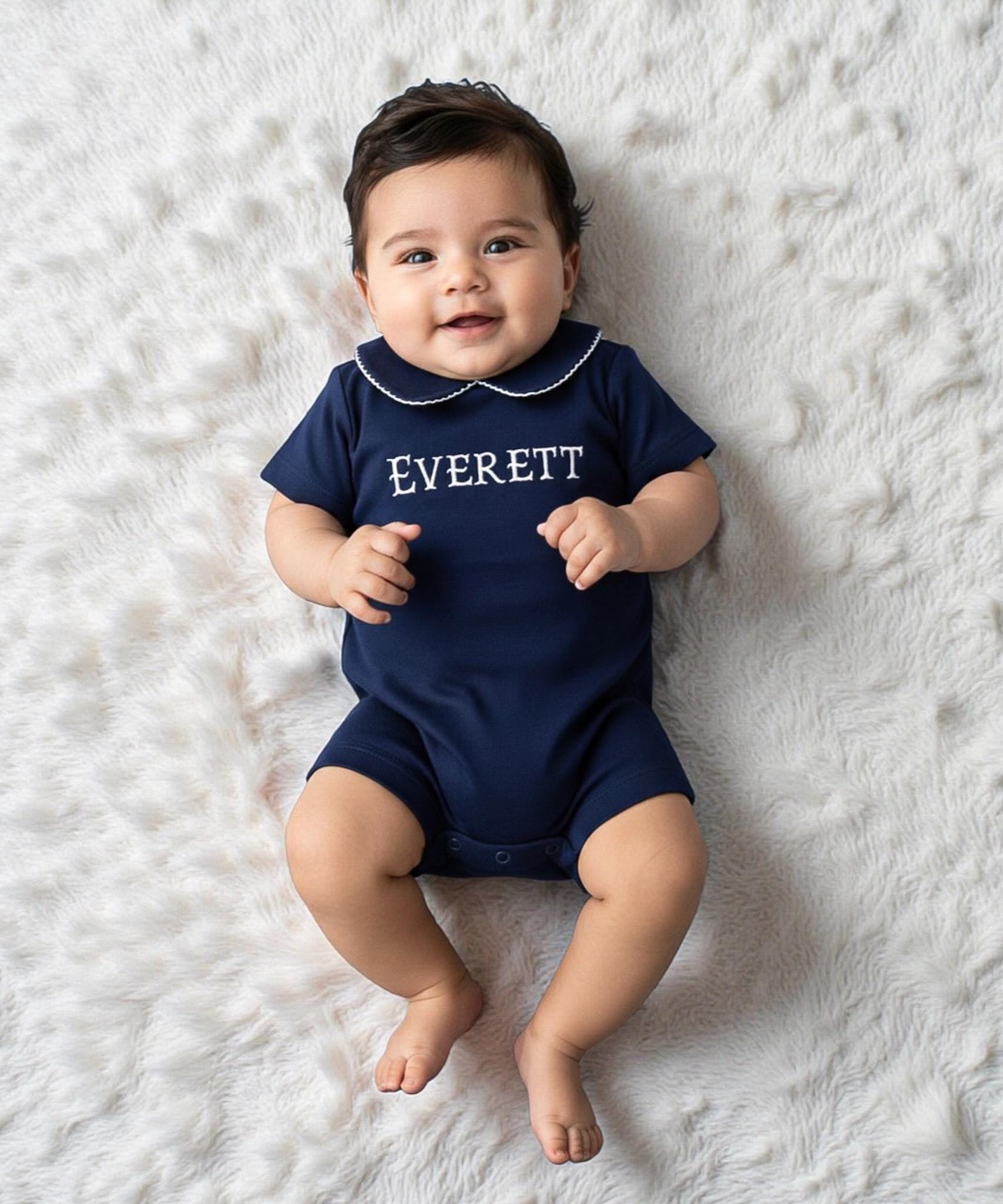 Andrew Pima Cotton Shortie-Monogramme Maison Navy w White Trim-Pima Cotton baby-Personalized baby-Special occasion-Brother Outfits