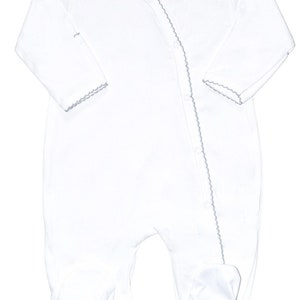 Pima Cotton Side Snap Footie-White with Gray Trim-Coming Home Outfit-Newborn Boy Coming Home-Pima Cotton Baby-Newborn Clothes-Unisex Baby image 2