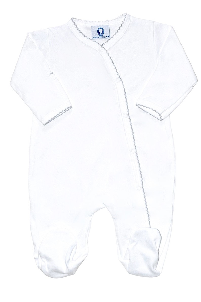 Pima Cotton Side Snap Footie-White with Gray Trim-Coming Home Outfit-Newborn Boy Coming Home-Pima Cotton Baby-Newborn Clothes-Unisex Baby image 2