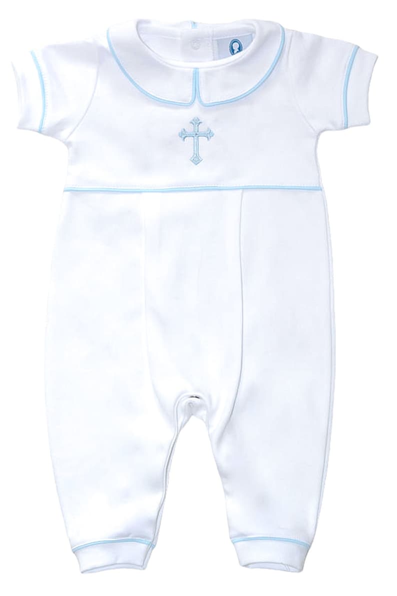 Kiran Baptism Outfit-White w Blue Trim-Short-Sleeve,Long Pant, No feet Dedication Outfit-Christening outfit-Pima Cotton Baby-Easter Outfit image 2