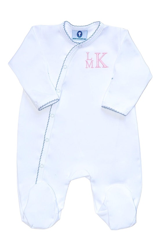 Pima Cotton Side Snap Footie-white & Graytrim-coming Home Outfit