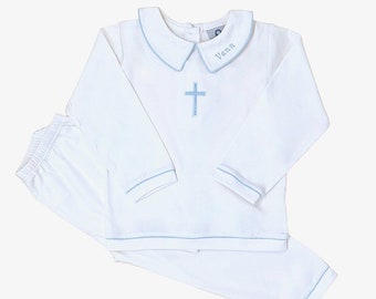 Pima Cotton Henry 2 piece Set-White w Blue Trim or White/white Trim-Ring bearer-Wedding-Baptism-Formal occasion-Toddler-Long Pants/Sleeves