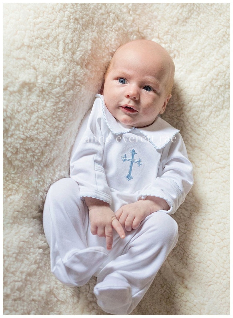 Hunter Baptism Footie-White w Blue Trim-Baptism Boy Outfit | Etsy