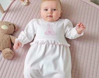 Bunny Coming Home Outfit-Millie's Pima Cotton Gown-White with Pink Trim-Easter Gown-Coming Home Gown-Pima Cotton Baby-Baby Girl Gown