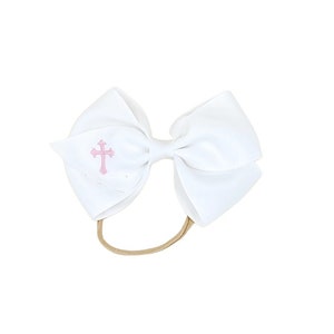 Baptism Headbands-Baby Dedication headbands- Christening headbands-5" Big Bow headband-One Size Fits All Headbands-Embroidered Cross Bow